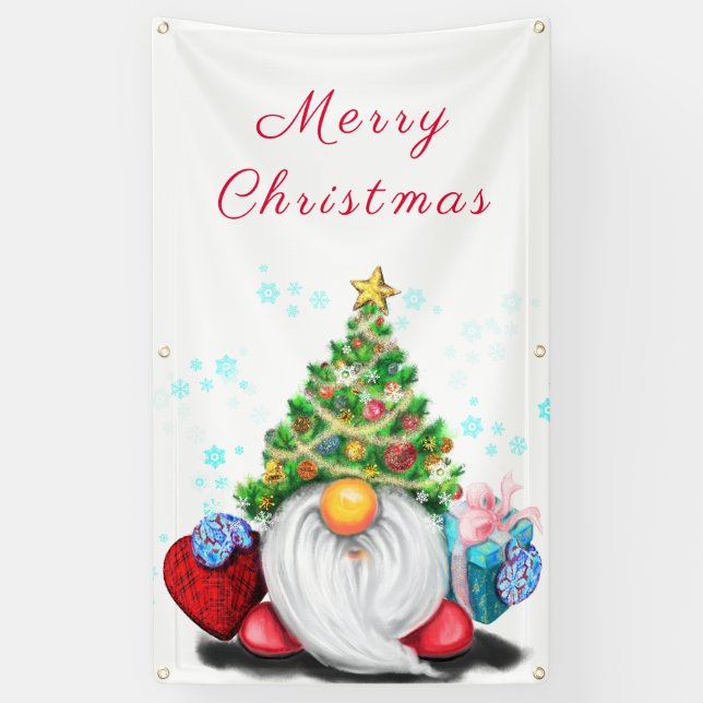 Pancarta de navidades Gnome feliz con regalos (Vertical)