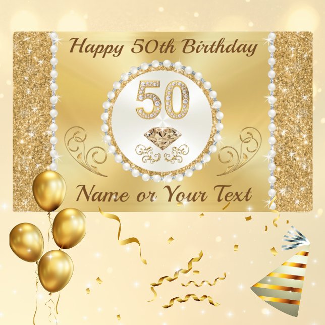 Pancarta de oro, 50 años, personalizada para ella (Personalised, 50th Birthday Banners for a Woman. Golden, 50th Birthday Decorations for Female.)