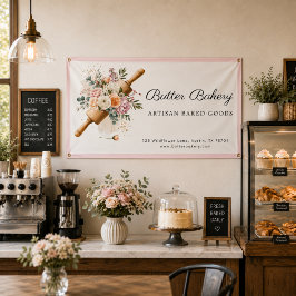 Pancarta de panadería con rodillo floral rosa