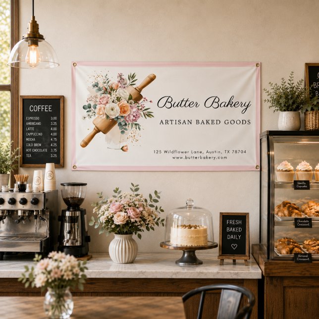 Pancarta de panadería con rodillo floral rosa (Pink Floral Rolling Pin Bakery banner)