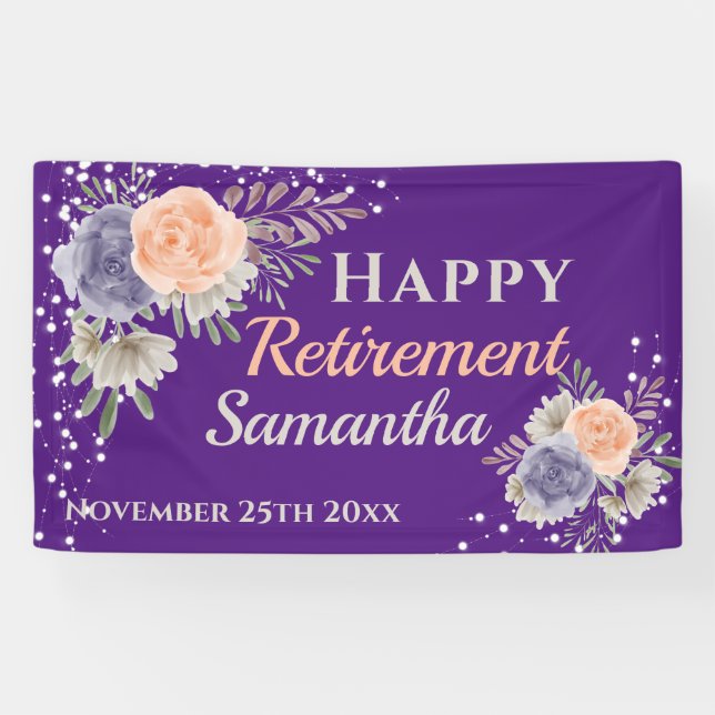 Pancarta de Peony Rosa Floral Retirement Purple (Horizontal)