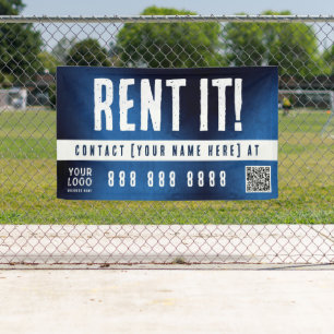 Pancarta de Rent It con código QR gradiente azul d
