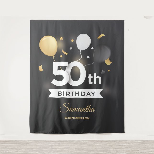 Pancarta de tapiz de fiesta de oro y negro (Anverso)