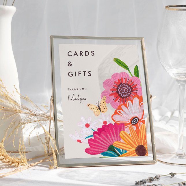 Pancarta de tarjetas de ducha y regalos de flores  (Bright Wildflower Bridal Shower Cards & Gifts sign)