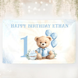 Pancarta de Teddy Bear 1er cumpleaños con globos a