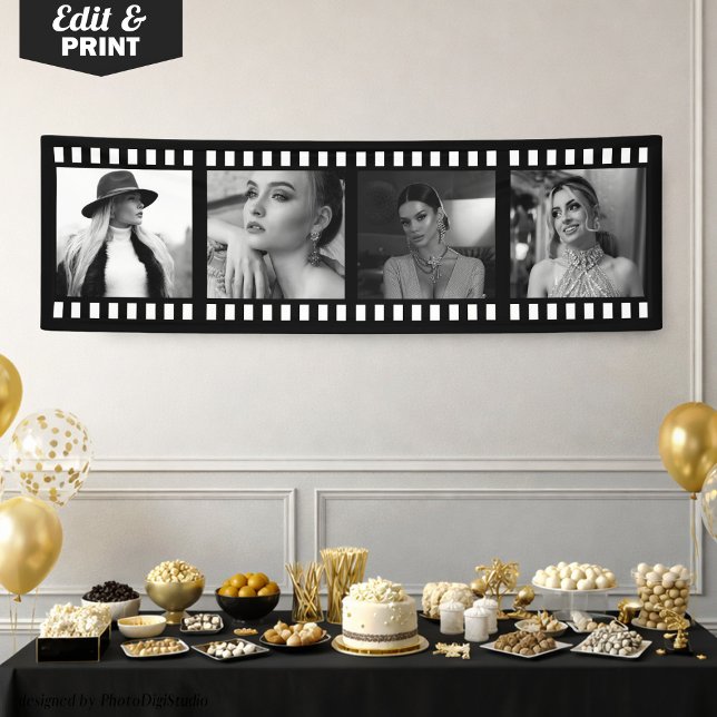 Pancarta de tira de película de foto personalizada (Custom Photo Movie Strip Banner, Hollywood Party Banner)