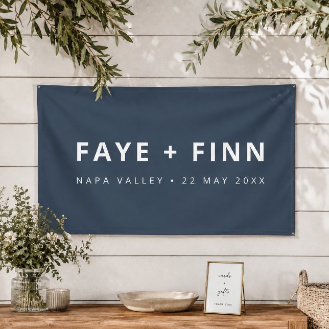 Pancarta de vinilo para boda | Letrero de fondo de (Custom blue wedding vinyl banner with names, venue location, and date for reception decor.)