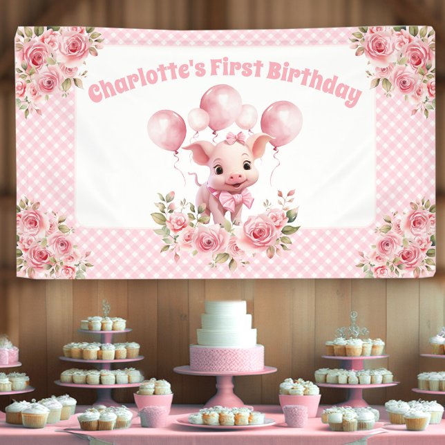 Pancarta del Chica de la granja lechera rosada  de (Pink Cute Pig Farm Girl 1st Birthday Party Banner)