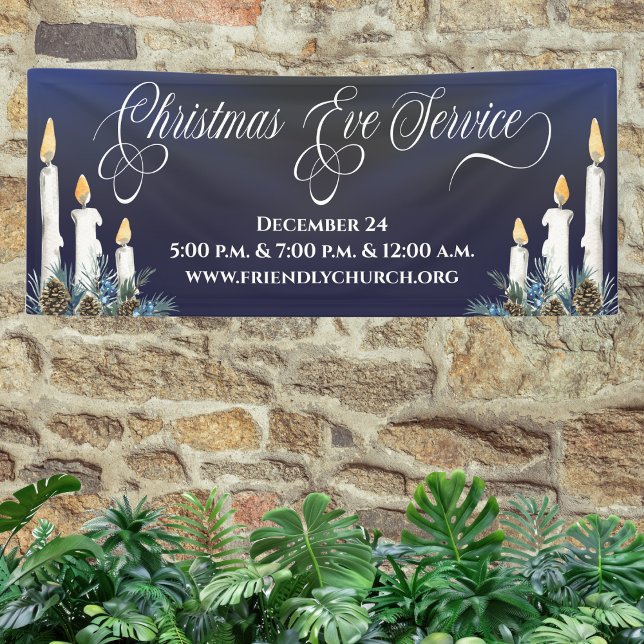 Pancarta del servicio de velas de Navidades eclesi (Christmas Eve Church Service Banner. Elegant. Invite worshipers to celebrate the birth of Jesus.)