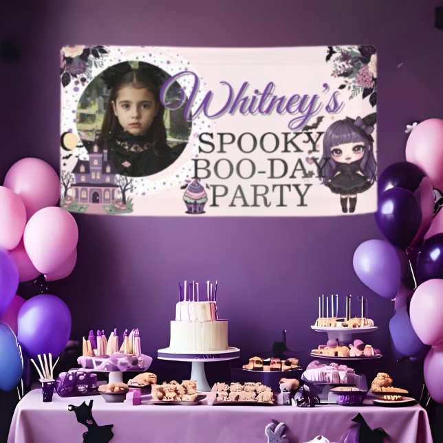 Pancarta espeluznante gótica morada chica de cumpl (Spooky Cute gothic Purple Birthday girl Banner)