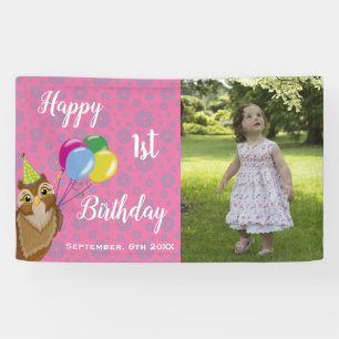 Pancarta feliz 1º cumpleaños con globos de búho ro