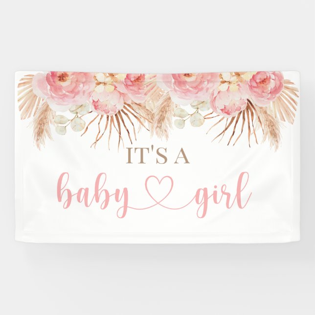 Pancarta Floral Rosa Boho Pampas baby showerbaner (Horizontal)