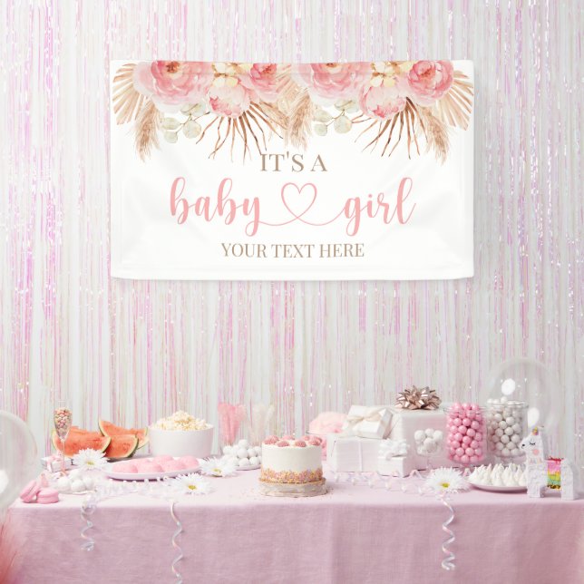 Pancarta Floral Rosa Boho Pampas baby showerbaner (Fiesta)