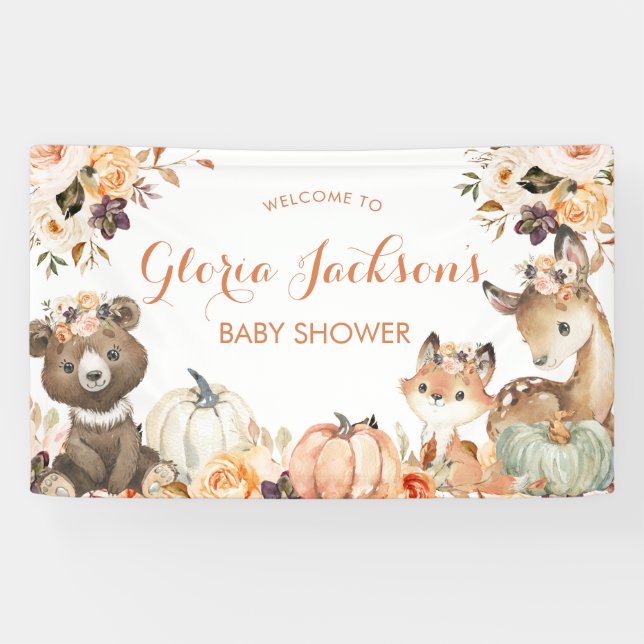 Pancarta grande de Baby Shower Woodland de calabaz (Horizontal)