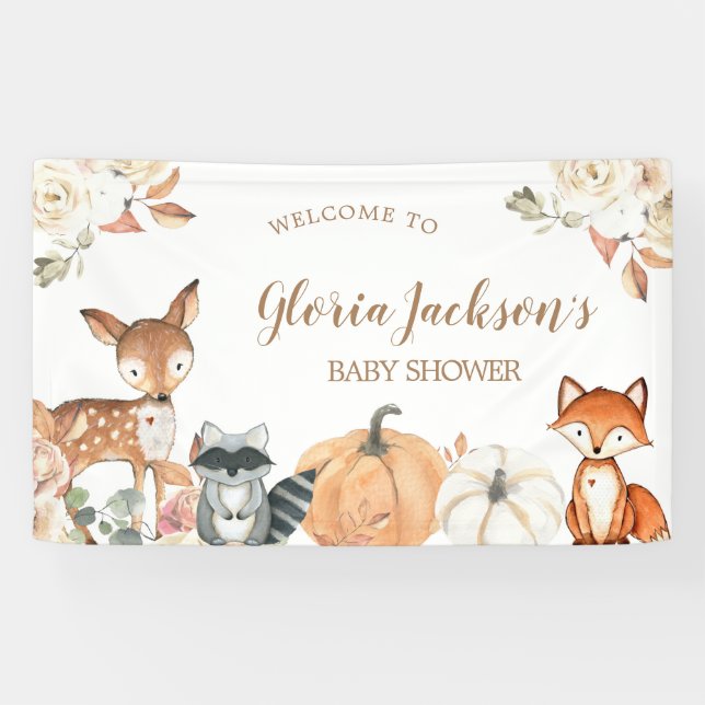Pancarta grande de Baby Shower Woodland de calabaz (Horizontal)