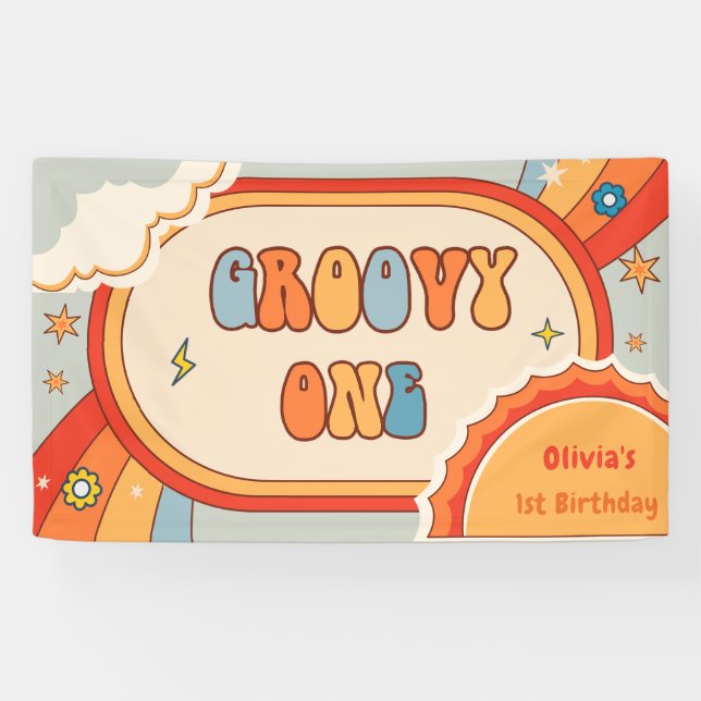 Pancarta Groovy One Retro Rainbow Birday Party (Horizontal)