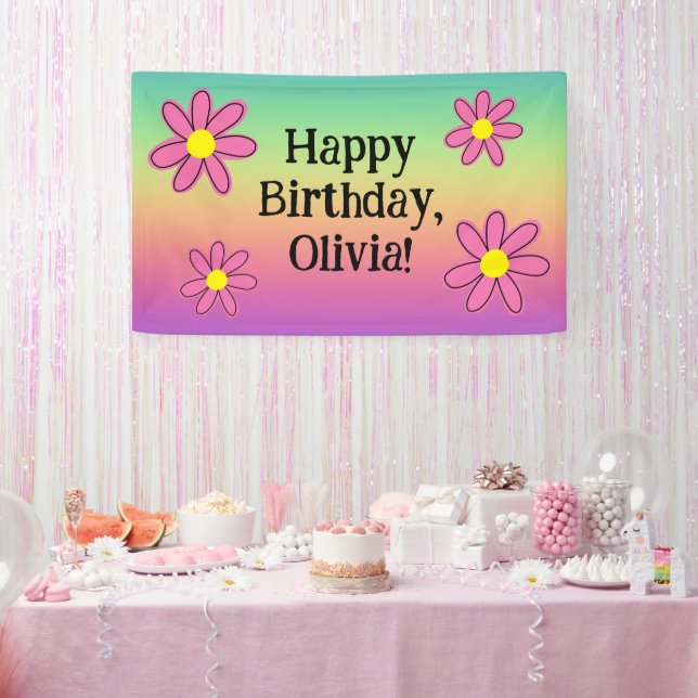 Pancarta personalizada de arcoiris con flores (Fiesta)