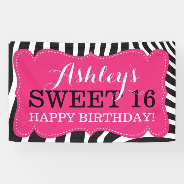 Pancarta personalizada de Zebra Print Sweet 16 Cum (Horizontal)