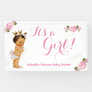 Pancarta Princesa Baby Shower Rosa Floral Morena