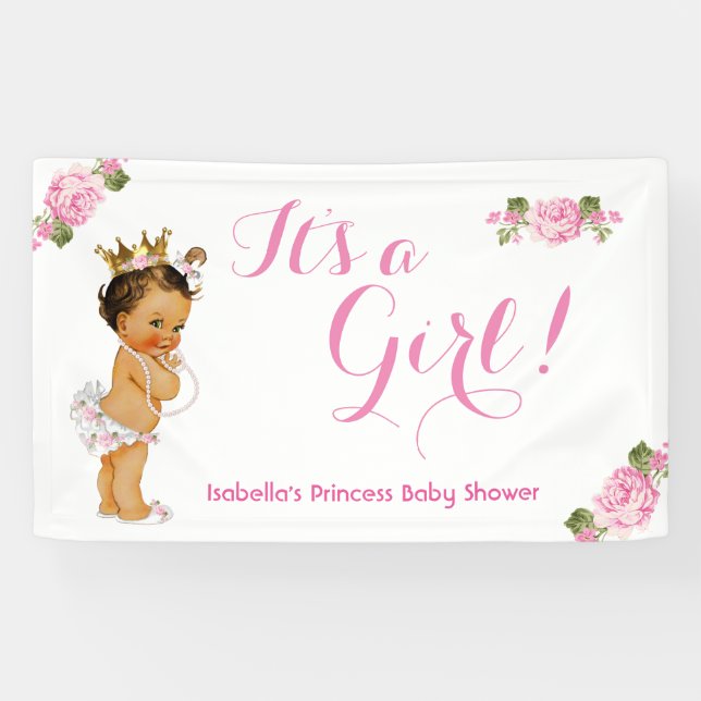 Pancarta Princesa Baby Shower Rosa Floral Morena (Horizontal)