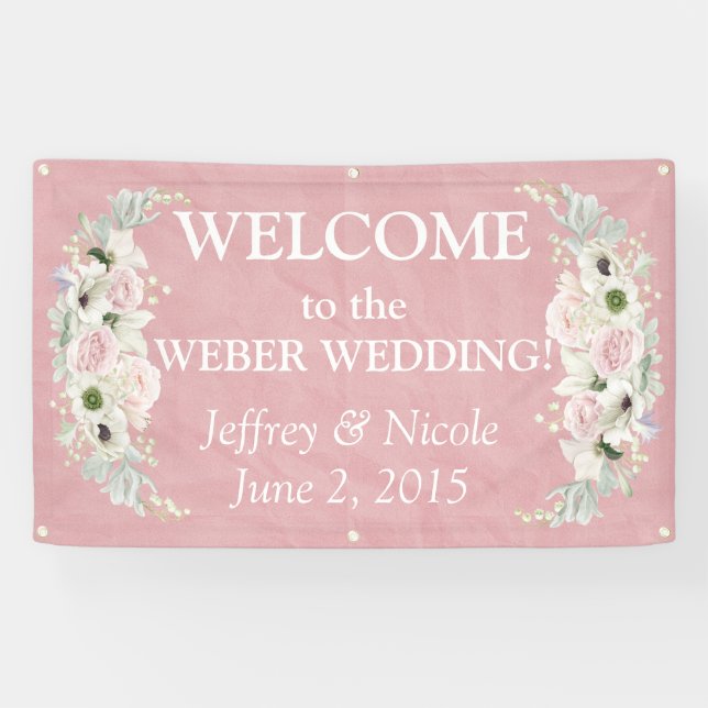 Pancarta romántica Boda floral rosa (Horizontal)