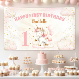Pancarta rosa con Chica unicornio de primer cumple