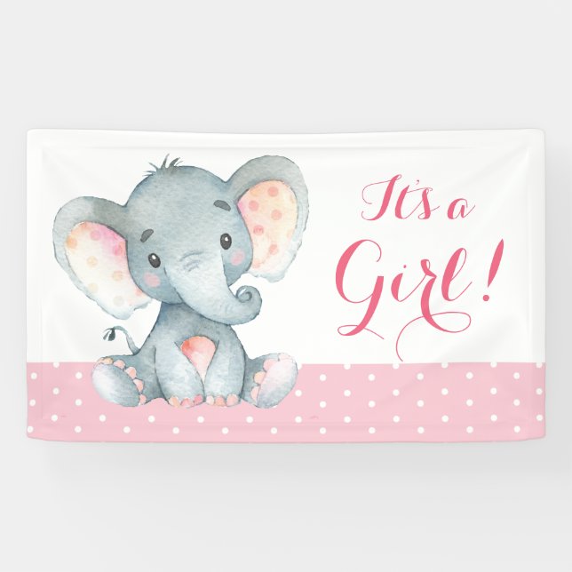 Pancarta rosa de Elephant Baby Shower chica (Horizontal)