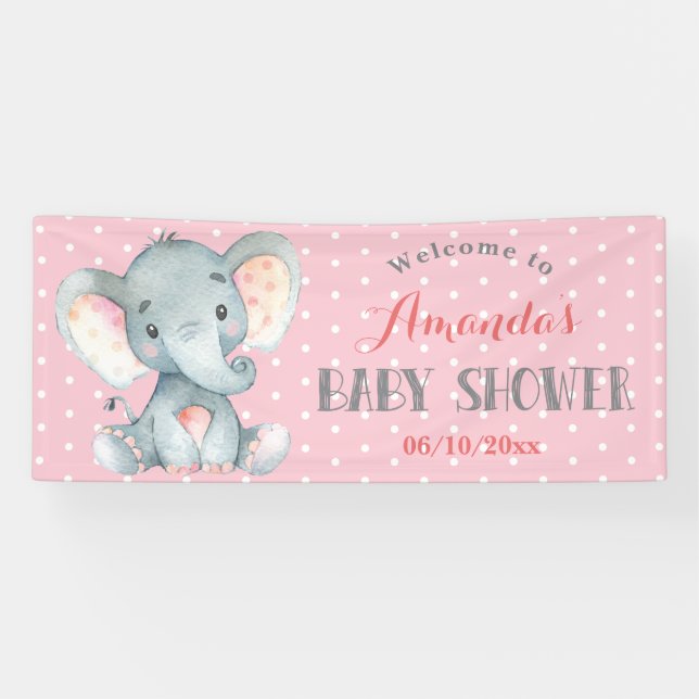 Pancarta rosa y gris del Elefante chica Baby Showe (Horizontal)