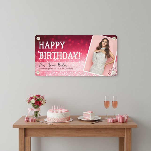 Pancarta "Tu foto" del cumpleaños de Glam Rosa ("Your Photo" Pink Glam Birthday Banner)