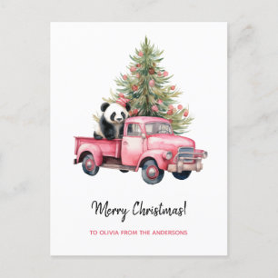 Panda en el árbol de navidad del camión rosa retro
