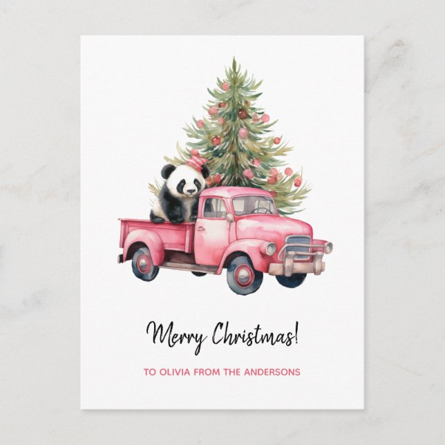 Panda en el árbol de navidad del camión rosa retro (Anverso)
