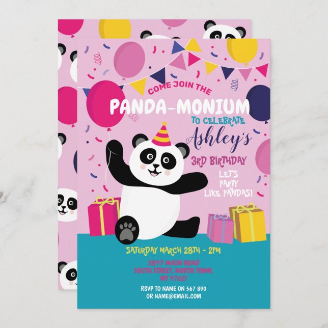 Panda Fiesta Cumpleaños Panda-Monium Invitación ro (Anverso / Reverso)