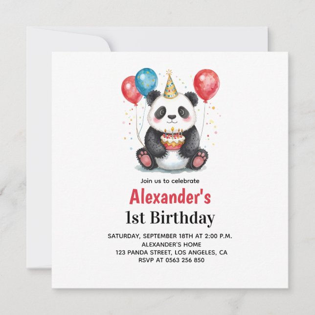 Panda lindo con globos y pastel primer cumpleaños (Anverso)