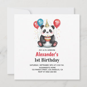 Panda lindo con globos y pastel primer cumpleaños