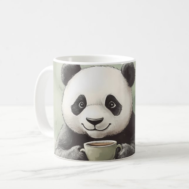 Panda lindo llevando una taza de café y un tazón (Anverso izquierdo)