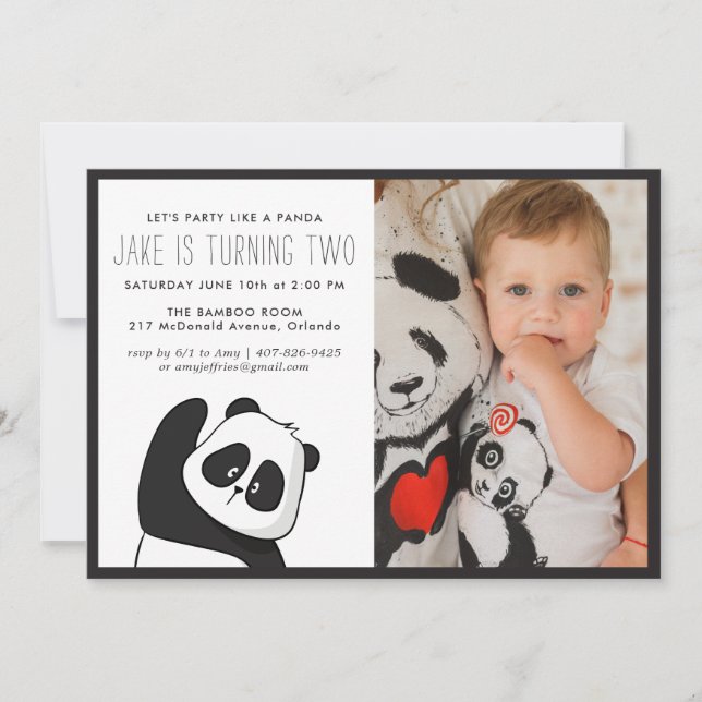 Panda Party | Invitación monocroma y con foto (Anverso)