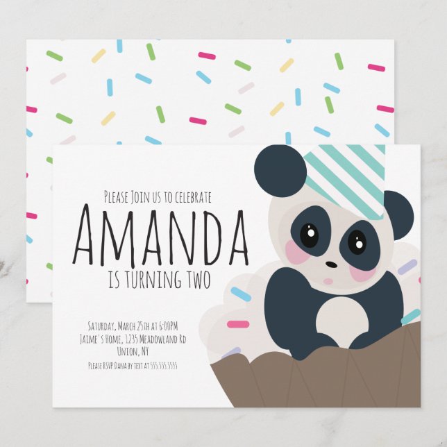 Panda Sprinkles Cupcake Invitación Cumpleaños Cual (Anverso / Reverso)