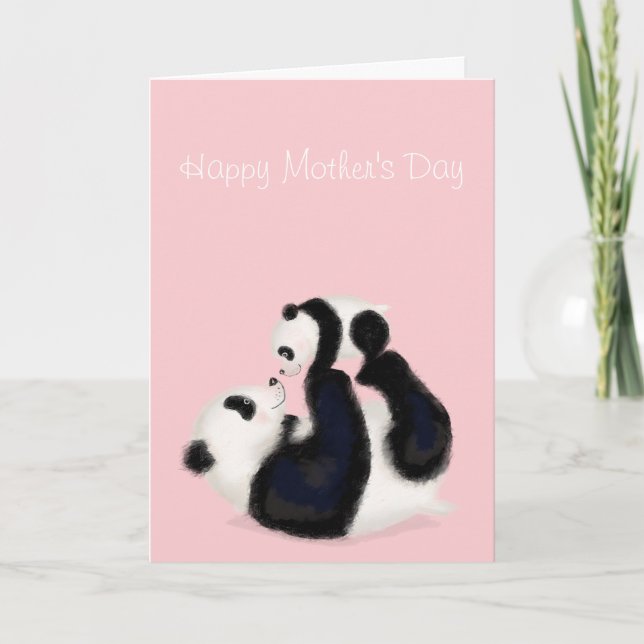 Panda y cachorro tarjeta del Día de la Madre (rosa (Anverso)