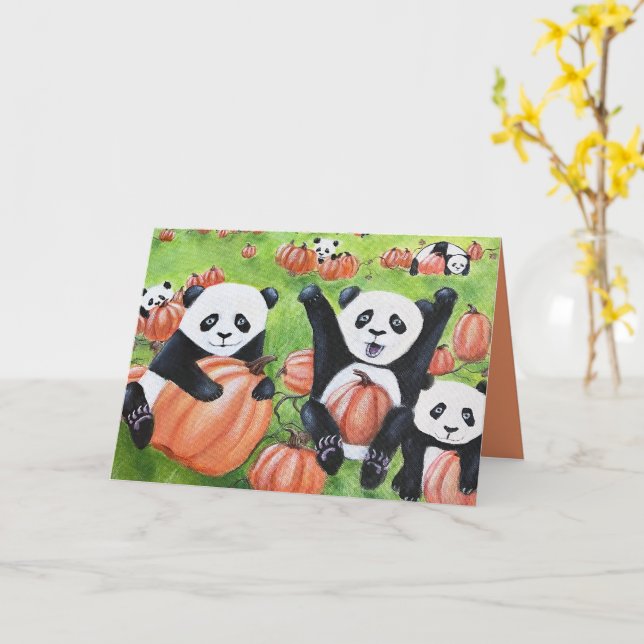 Pandas y calabazas se caen tarjeta de saludo (flor amarilla)