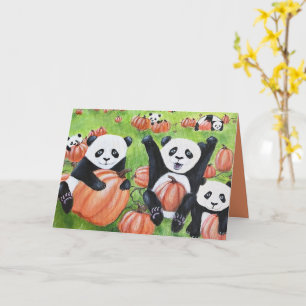 Pandas y calabazas se caen tarjeta de saludo