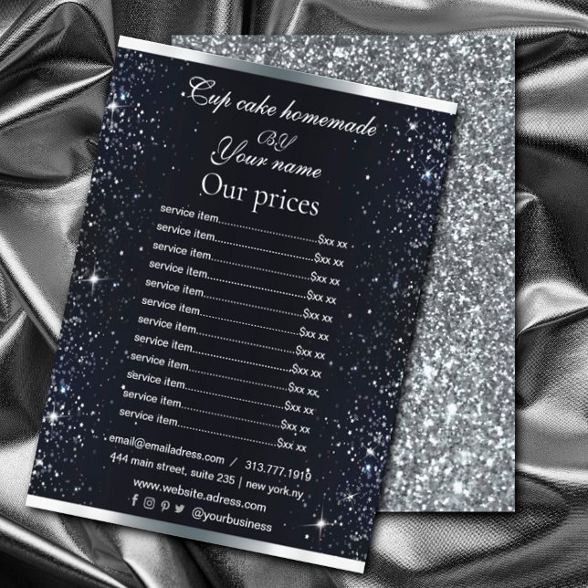 Panfleto de lista de destellos plateados negros el (A chic black background, decorated with faux silver glitter, sparkles. #pricelist #glittersilver)