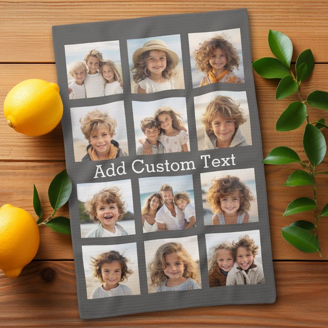 Paño De Cocina 12 Collage de Fotos Gris Carbón Moderno Texto (Personalized Kitchen Towel with photos and text - Makes a great gift)