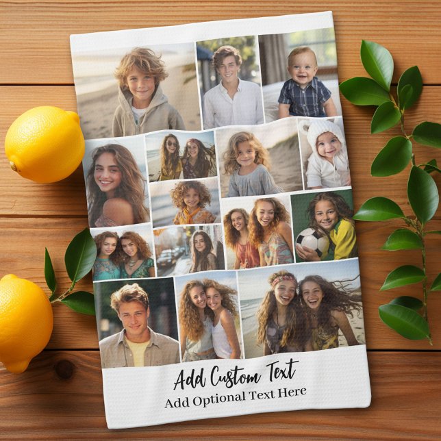 Paño De Cocina 15 Collage de fotos - Texto Personalizado - Blanco (Custom Kitchen Towel with Photo Collage)