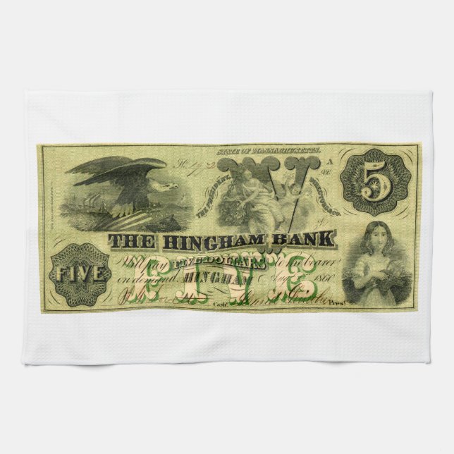 Paño De Cocina 1860 Hingham Massachusetts Five Dollar Note (Horizontal)