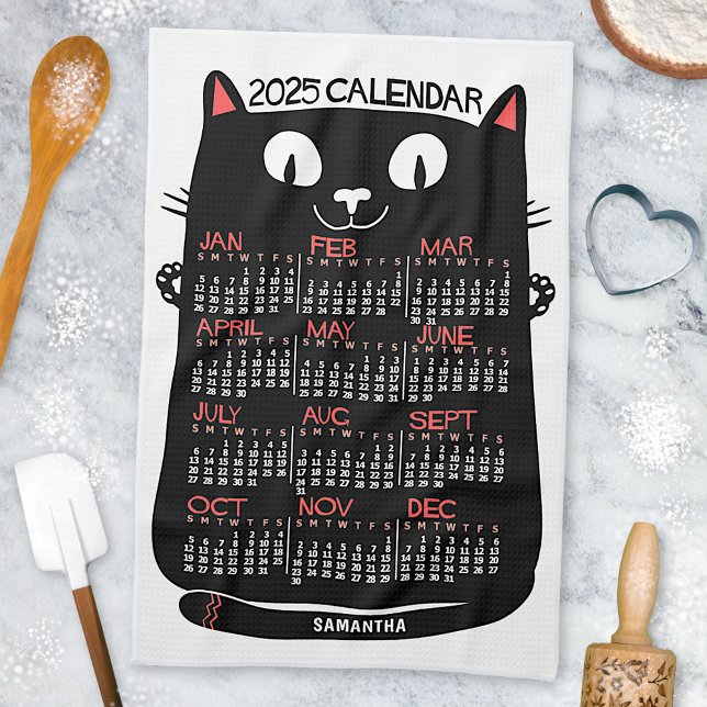 Paño De Cocina 2025 Año Calendario Mensual Gato negro de mediados (Subido por el creador)