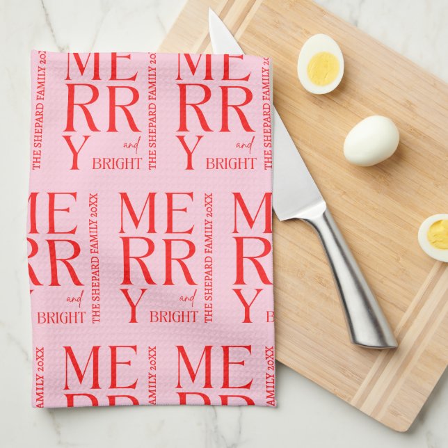 Paño De Cocina 2025 Modern Merry and Bright Red Pink Christmas (Doblado Cuarto)