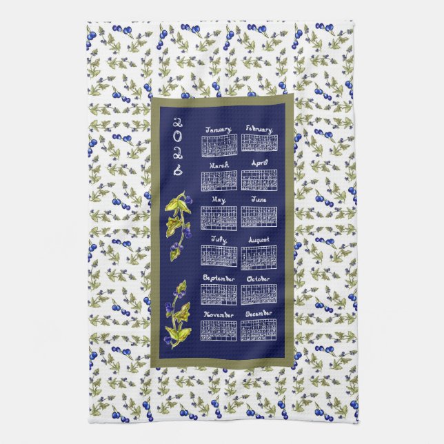 Paño De Cocina 2026 Calendar Blueberries On Stem Vine Leaves Navy (Vertical)