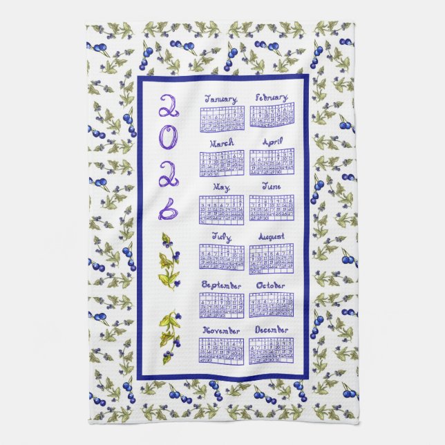 Paño De Cocina 2026 Calendar Blueberries Stem Leaves White (Vertical)