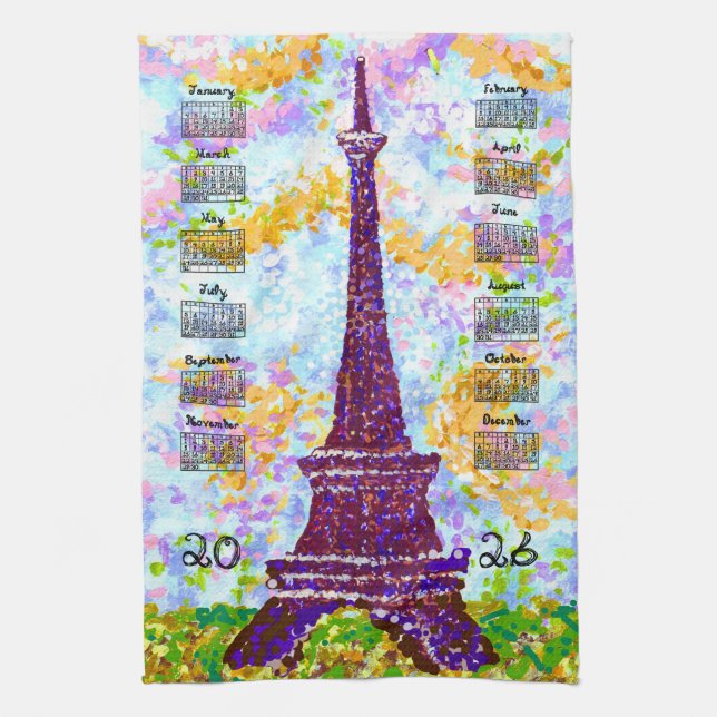 Paño De Cocina 2026 Calendar Eiffel Tower Pointillism Landscape  (Vertical)