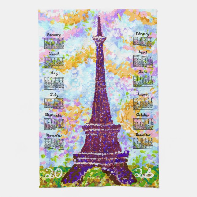 Paño De Cocina 2026 Calendar Eiffel Tower Pointillism Landscape (Vertical)